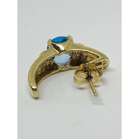 10K Yellow Gold Blue Topaz Diamond Earrings Half Hoop - Picture 5 of 7